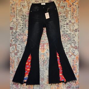 Kantha Bae One of a Kind Black Flare Jeans Patchwork Boho Festival Bells NWT M